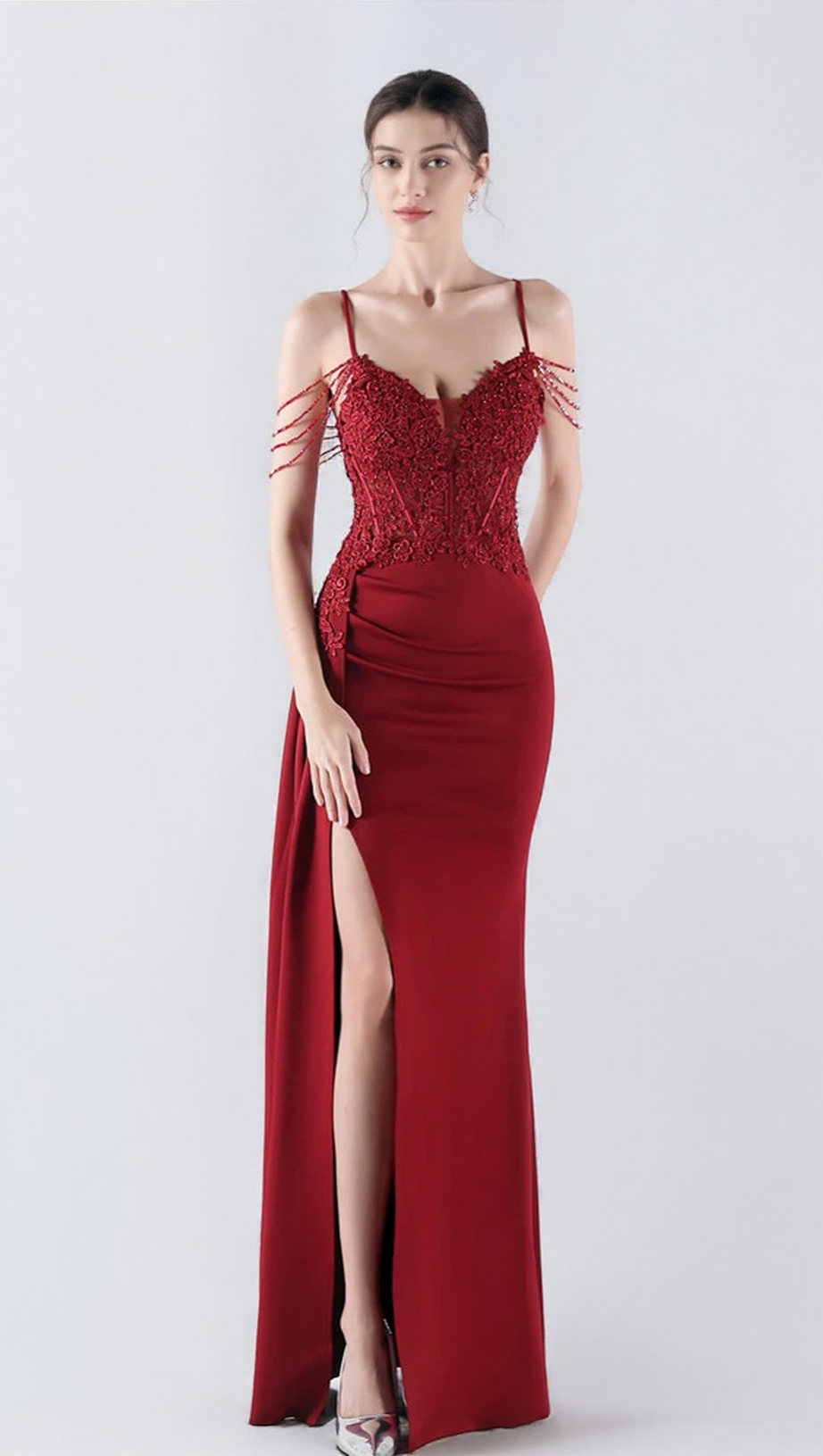 FLOWER BEAD CORSET MAXI DRESS IN RED