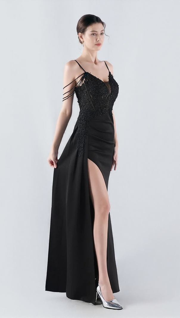 AIIZIE FLOWER BEAD CORSET MAXI DRESS IN BLACK - product image