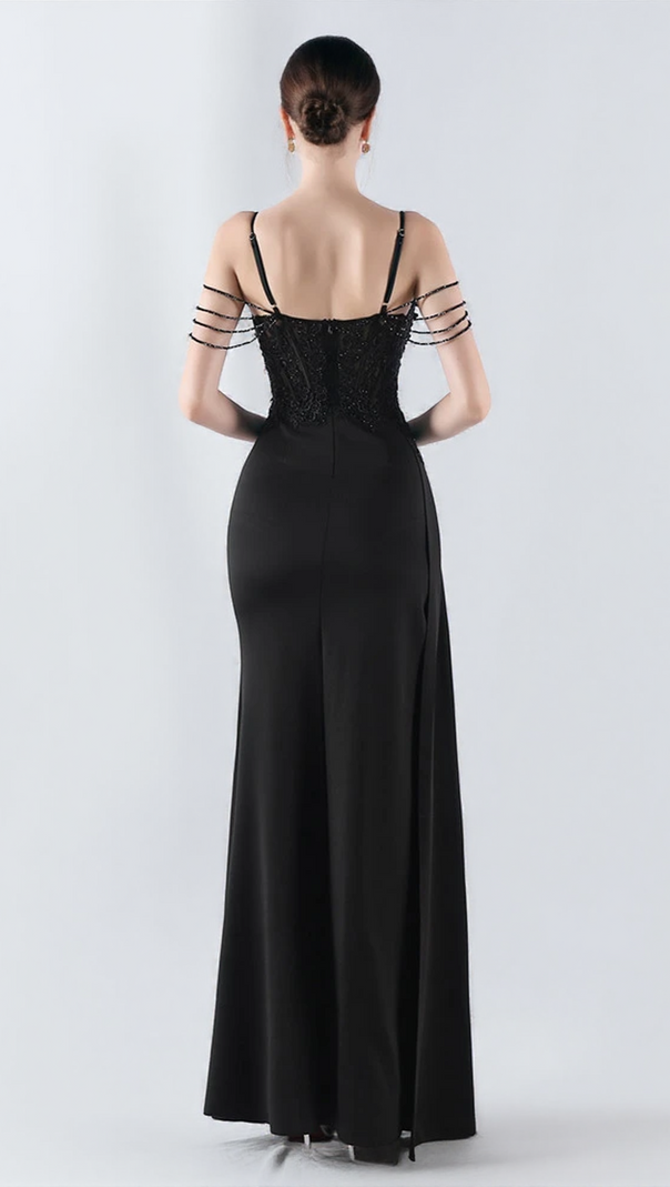 AIIZIE FLOWER BEAD CORSET MAXI DRESS IN BLACK - product image