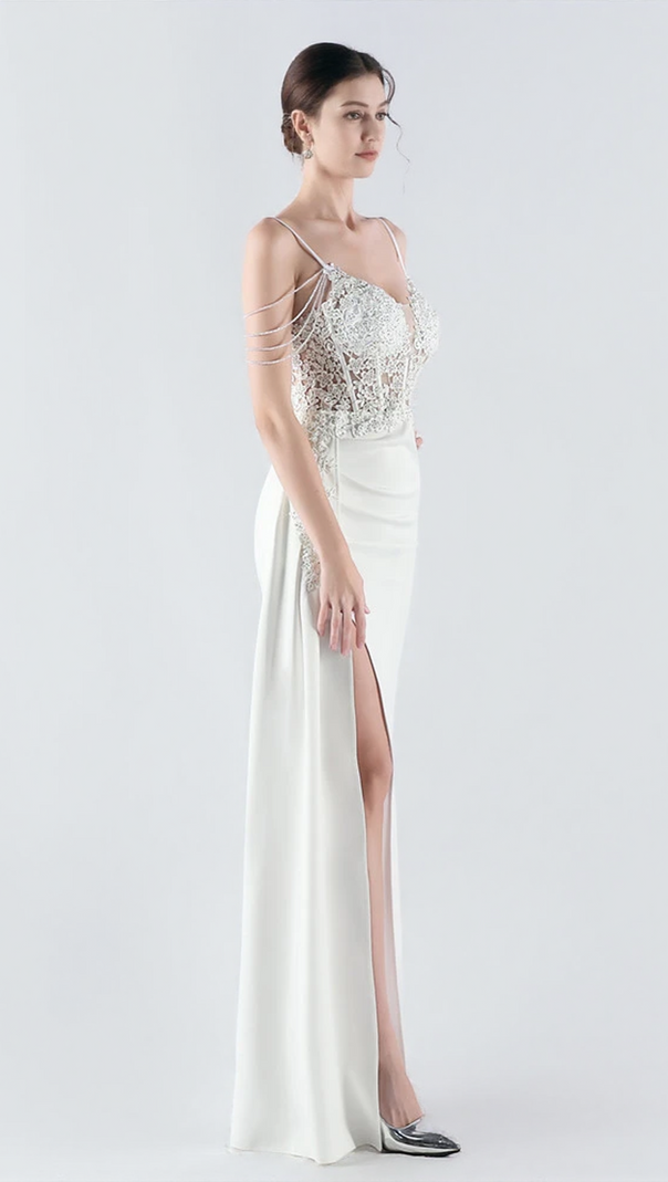 AIIZIE FLOWER BEAD CORSET MAXI DRESS IN WHITE - product image