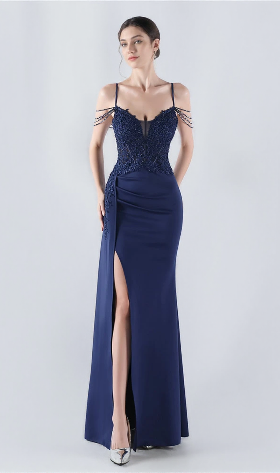 Flower Bead Corset Maxi Dress In Navy Blue