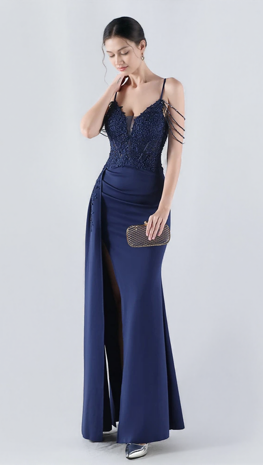 FLOWER BEAD CORSET MAXI DRESS IN NAVY BLUE