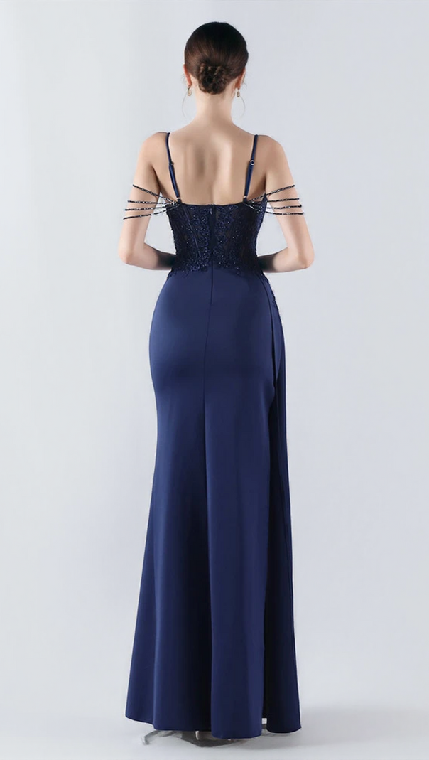 AIIZIE FLOWER BEAD CORSET MAXI DRESS IN NAVY BLUE - product image