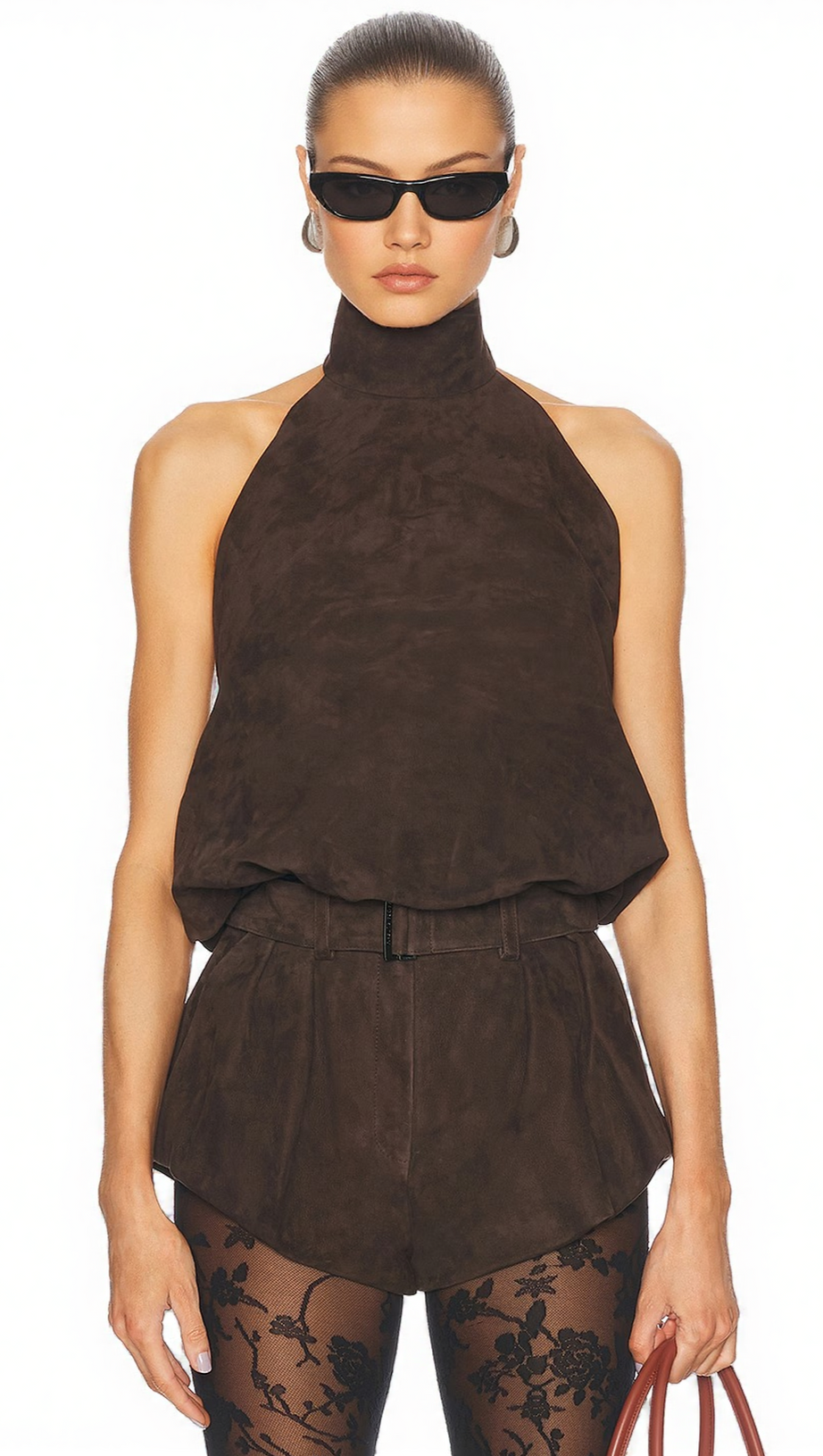 TOP HALTER IN CAMOSCIO MARRONE