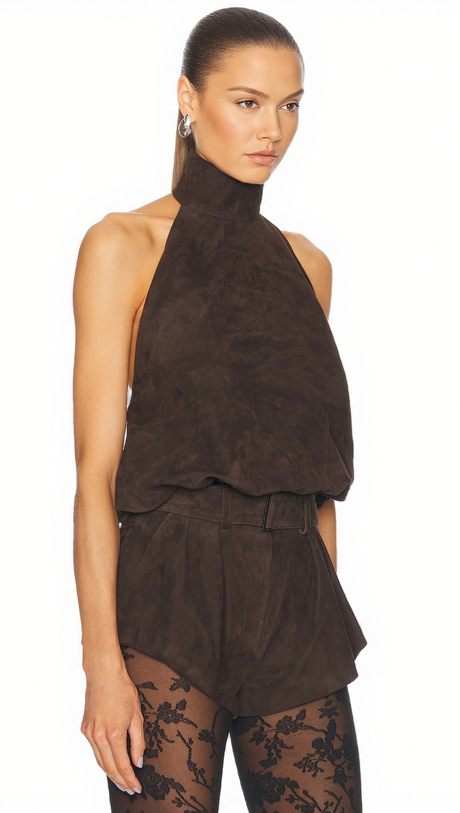 TOP HALTER IN CAMOSCIO MARRONE