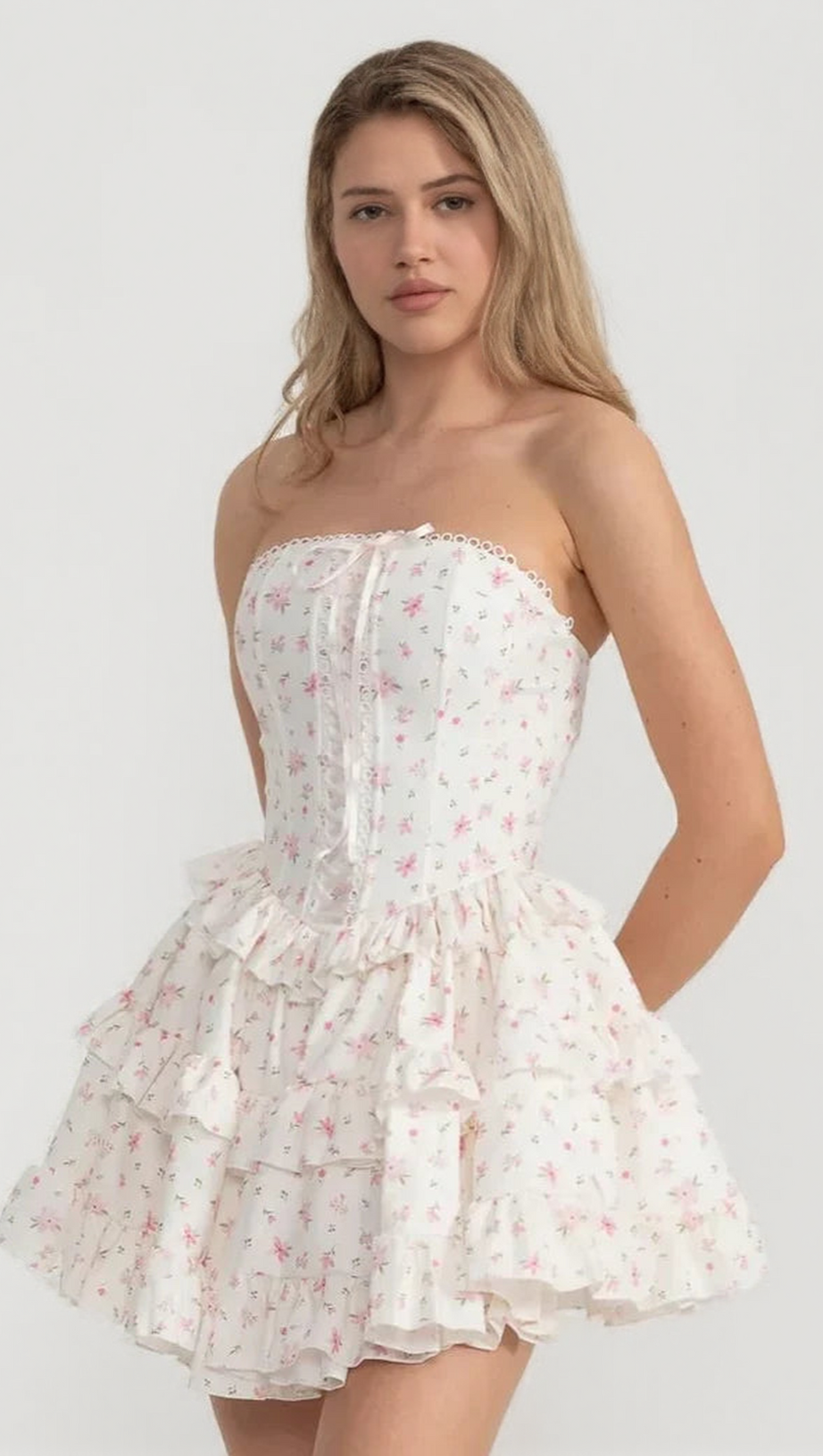 MARTHA RUFFLE PRINTED STRAPLESS MINI DRESS IN PINK