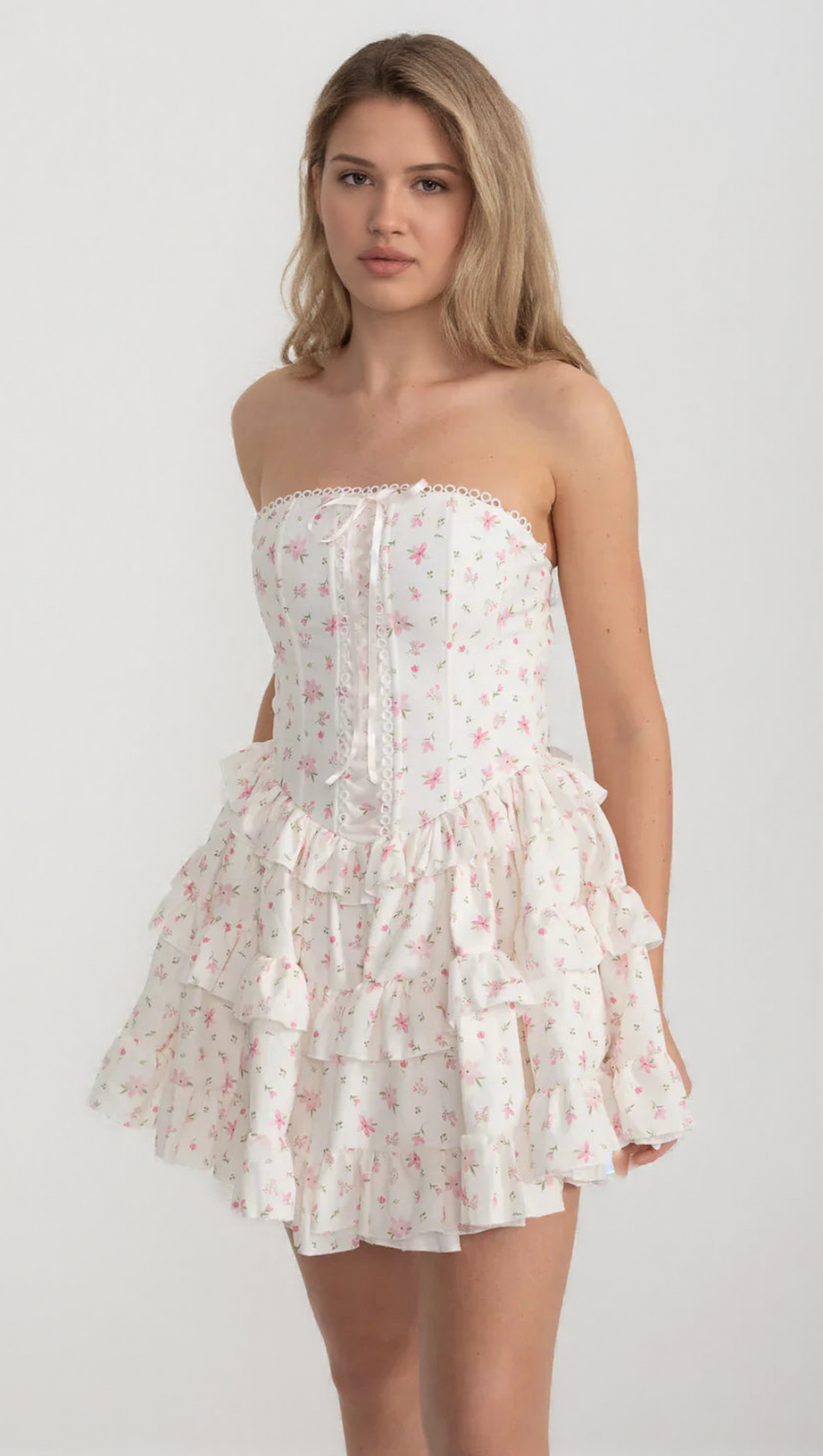 MARTHA RUFFLE PRINTED STRAPLESS MINI DRESS IN PINK