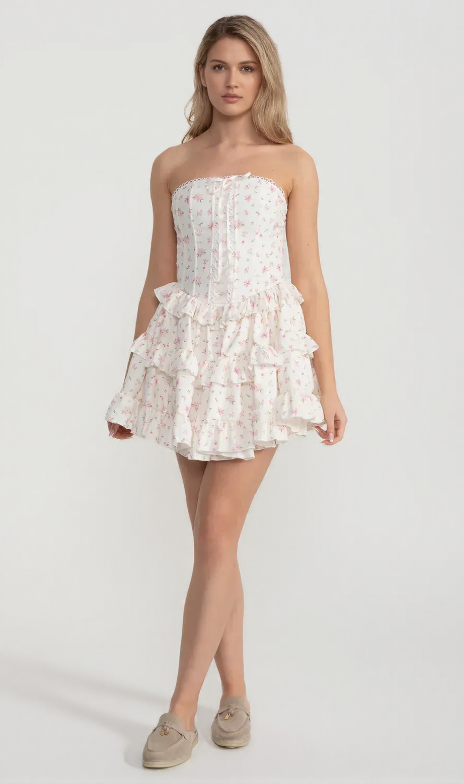 martha Ruffle printed strapless Mini Dress in pink