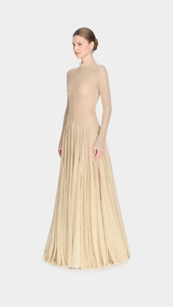AIIZIE ANILA BEIGE MESH LONG SLEEVE SLIM MAXI DRESS - product image
