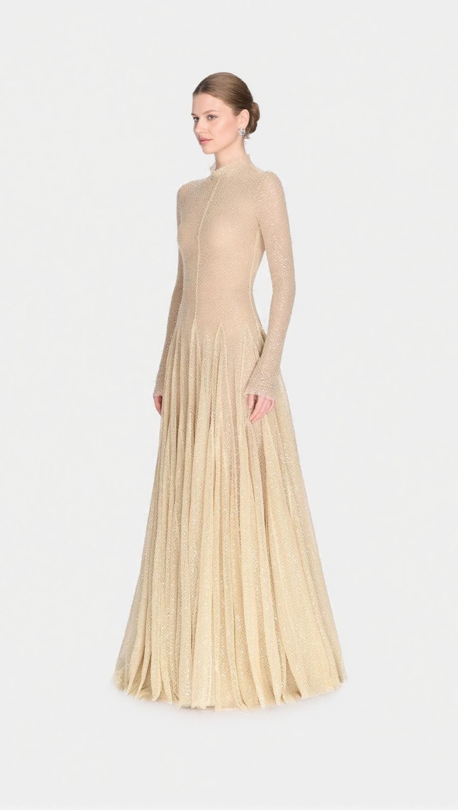 ANILA BEIGE MESH LONG SLEEVE SLIM MAXI DRESS