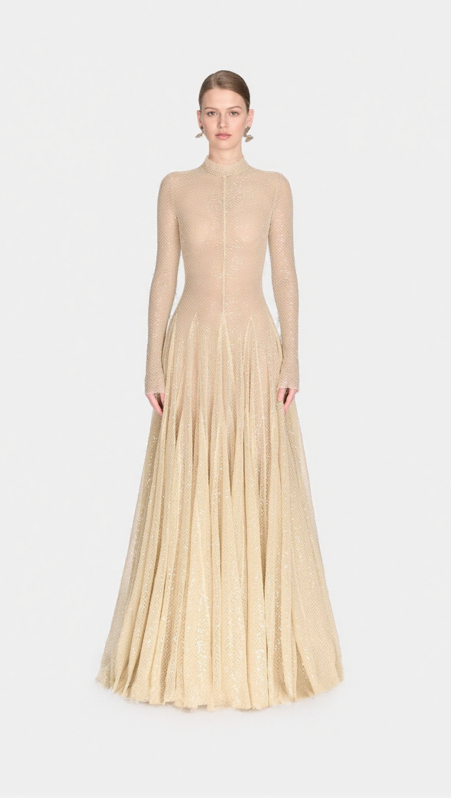 ANILA BEIGE MESH LONG SLEEVE SLIM MAXI DRESS