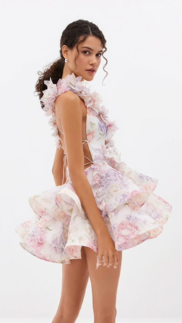 AIIZIE HELEN 3D FLOWER CHIFFON RUFFLE MINI DRESS IN PINK - product image