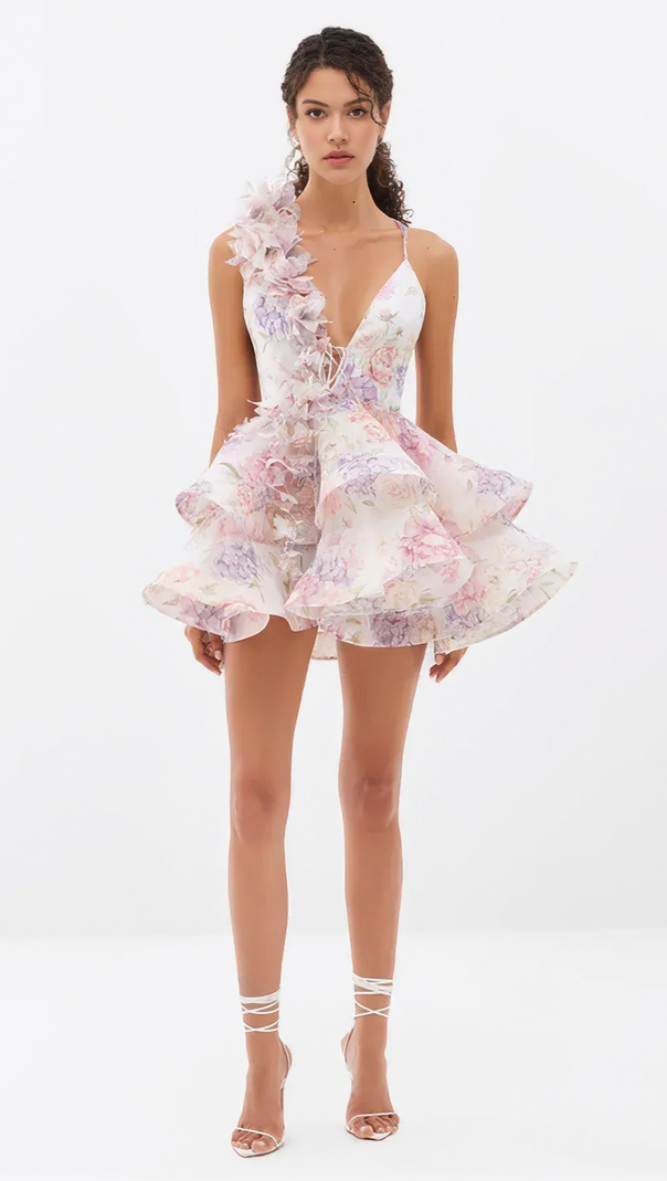 AIIZIE HELEN 3D FLOWER CHIFFON RUFFLE MINI DRESS IN PINK - product image