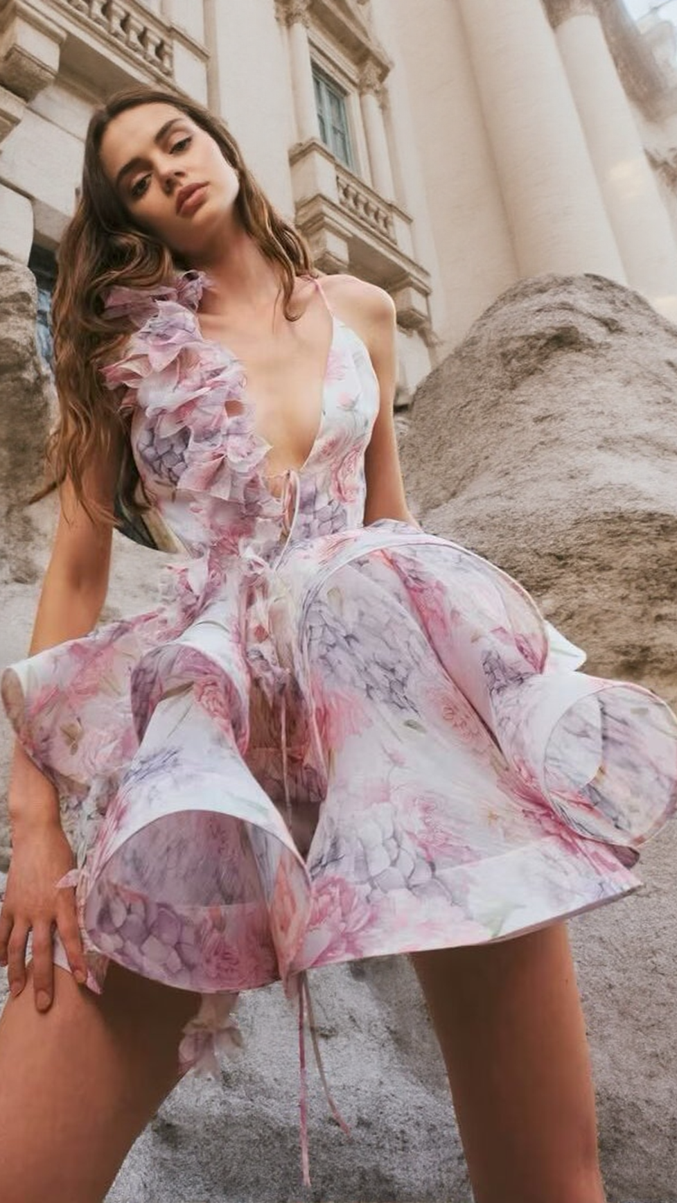 AIIZIE HELEN 3D FLOWER CHIFFON RUFFLE MINI DRESS IN PINK - product image