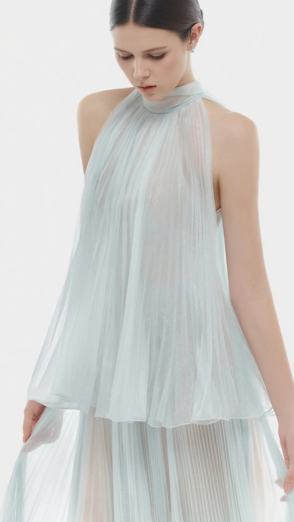 AIIZIE BELINDA MINT PLEATED TULLE SLEEVELESS MAXI DRESS - product image