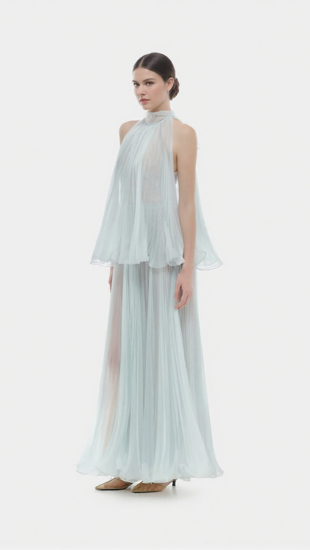 AIIZIE BELINDA MINT PLEATED TULLE SLEEVELESS MAXI DRESS - product image