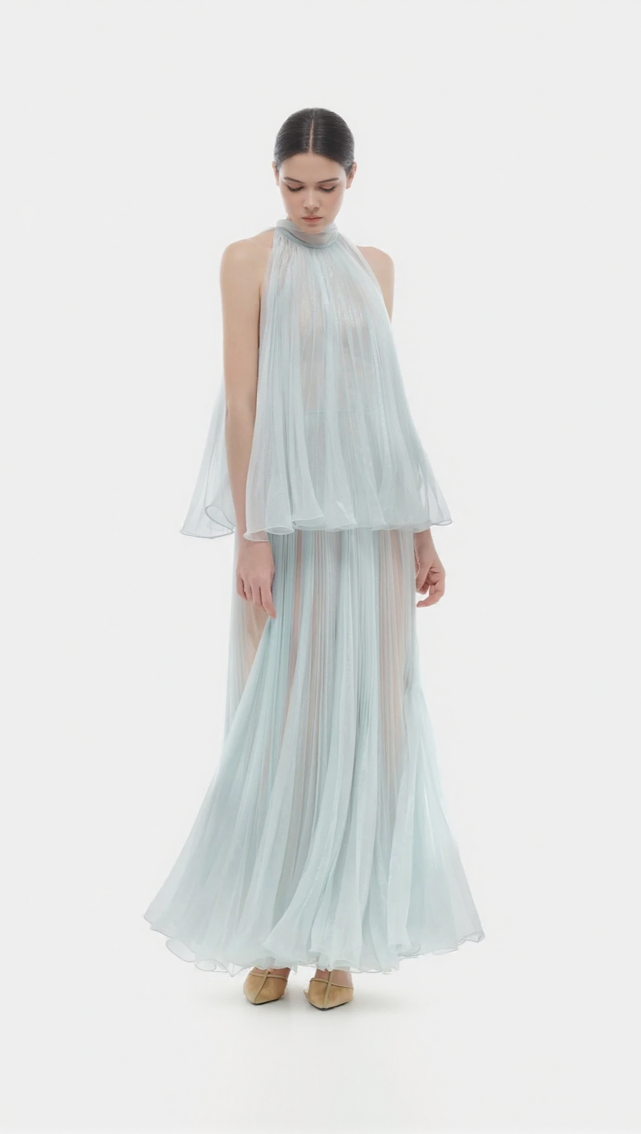 ABITO LUNGO SENZA MANICHE IN TULLE PLISSETTATO BELINDA MINT