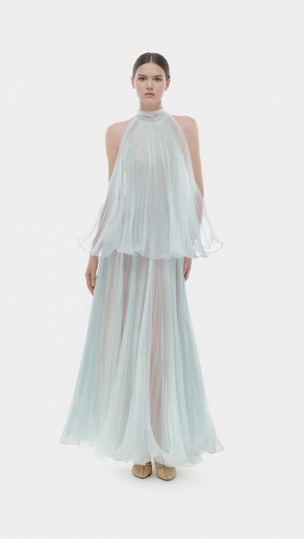 AIIZIE BELINDA MINT PLEATED TULLE SLEEVELESS MAXI DRESS - product image