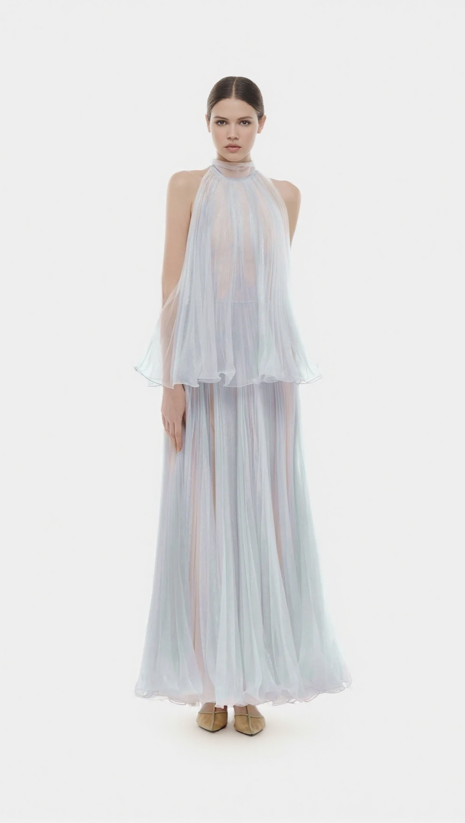 BELINDA VIOLET PLEATED TULLE SLEEVELESS MAXI DRESS
