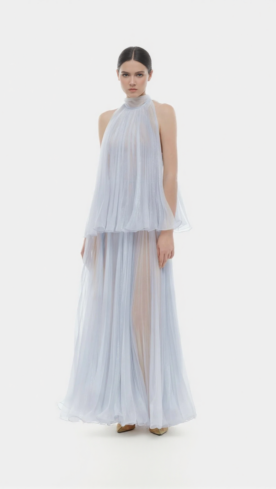 BELINDA VIOLET PLEATED TULLE SLEEVELESS MAXI DRESS