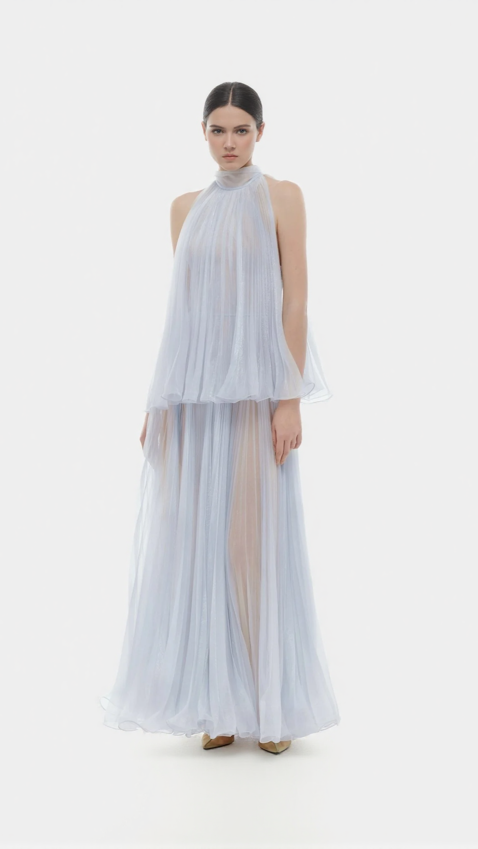 BELINDA VIOLET PLEATED TULLE SLEEVELESS MAXI DRESS
