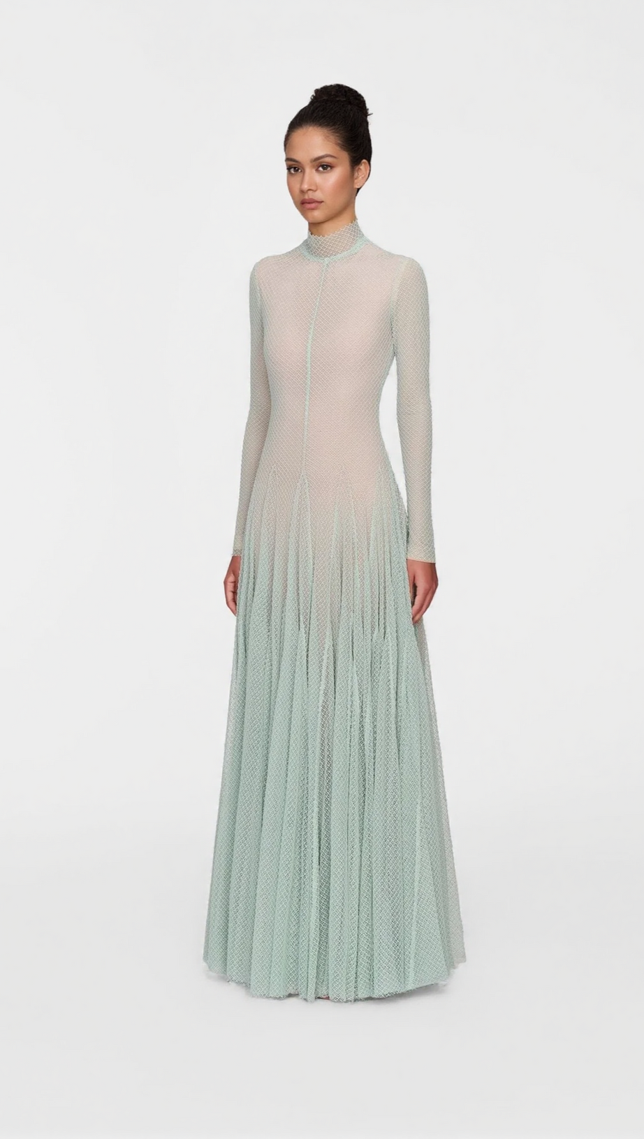 ANILA MINT MESH LONG SLEEVE SLIM MAXI DRESS