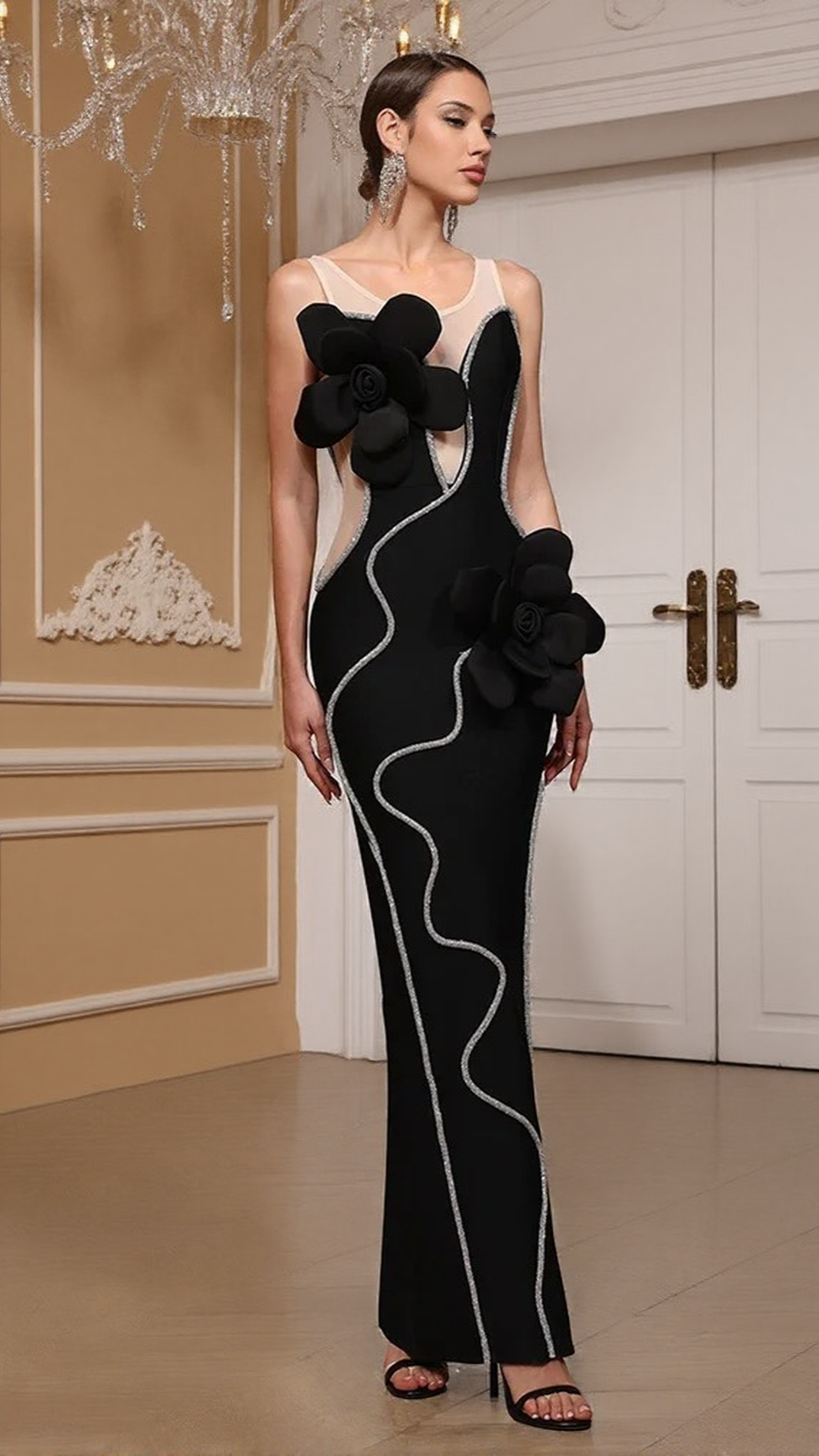 DIAMOND 3D FLOWER SEQUIN BANDAGE MAXI DRESS IN BLACK