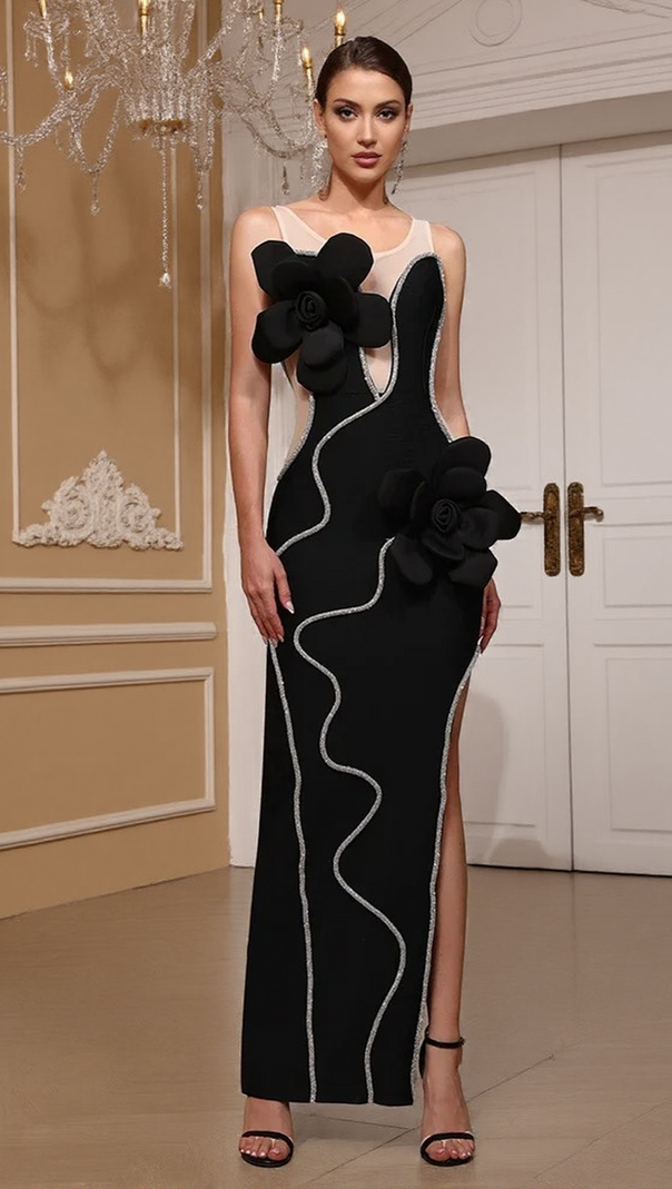 AIIZIE DIAMOND 3D FLOWER SEQUIN BANDAGE MAXI DRESS IN BLACK - product image
