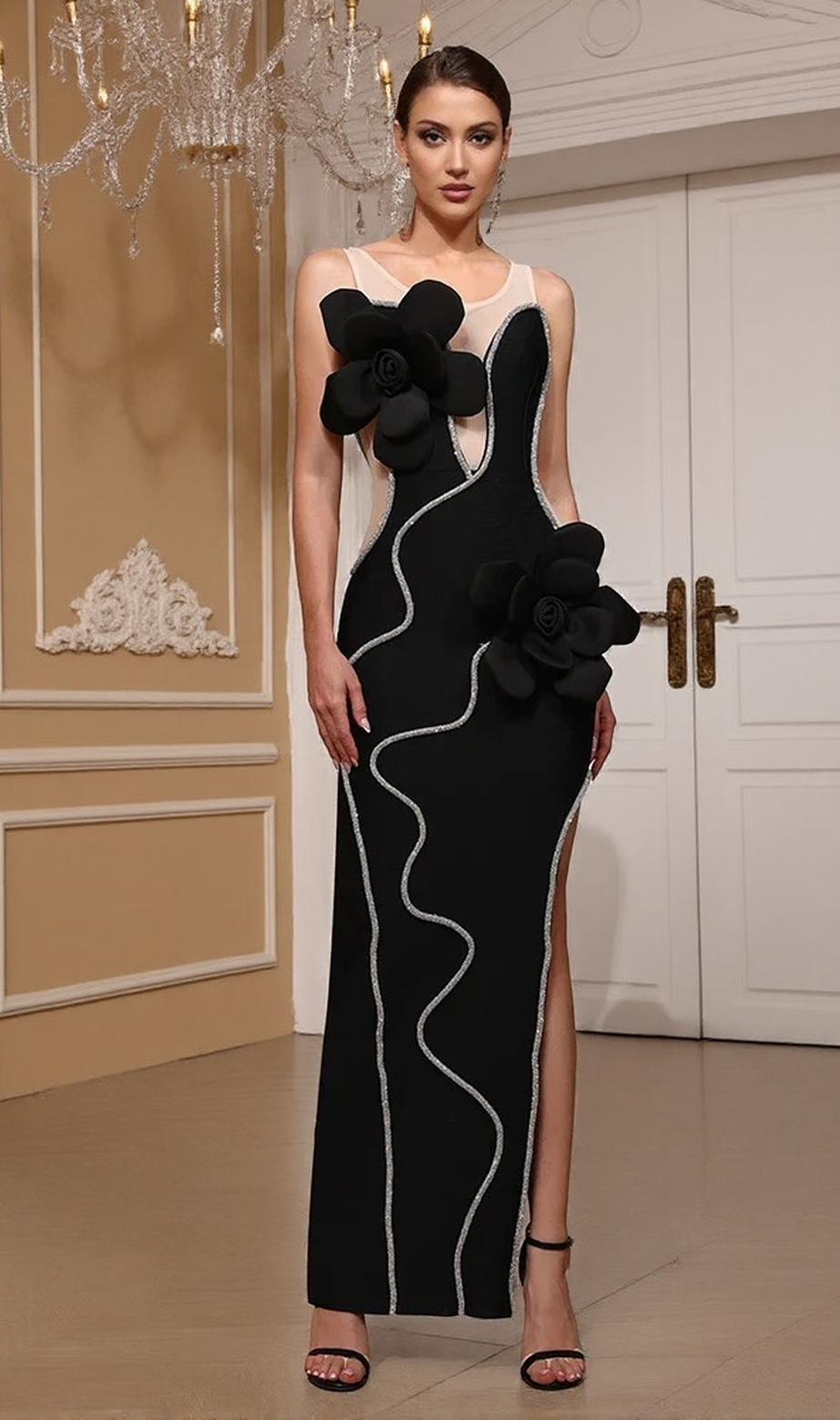 Diamond 3D Flower Sequin Bandage maxi Dress in black