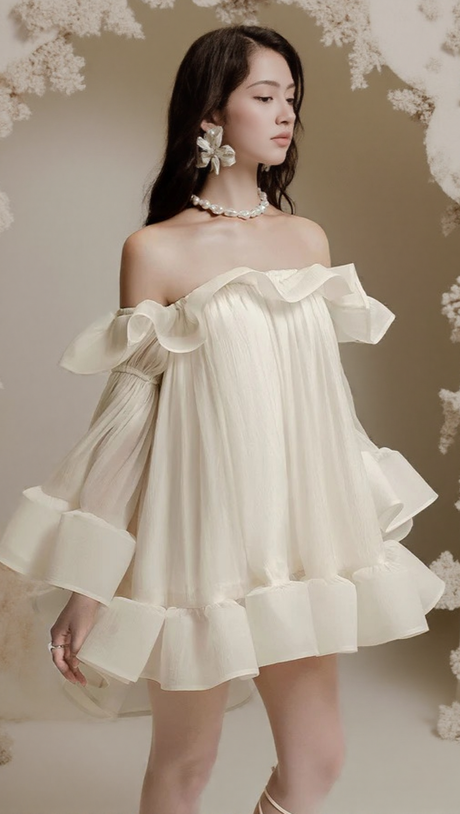 BERNICE RUFFLE LAYER CRINKLE CHIFFON MINI DRESS IN WHITE