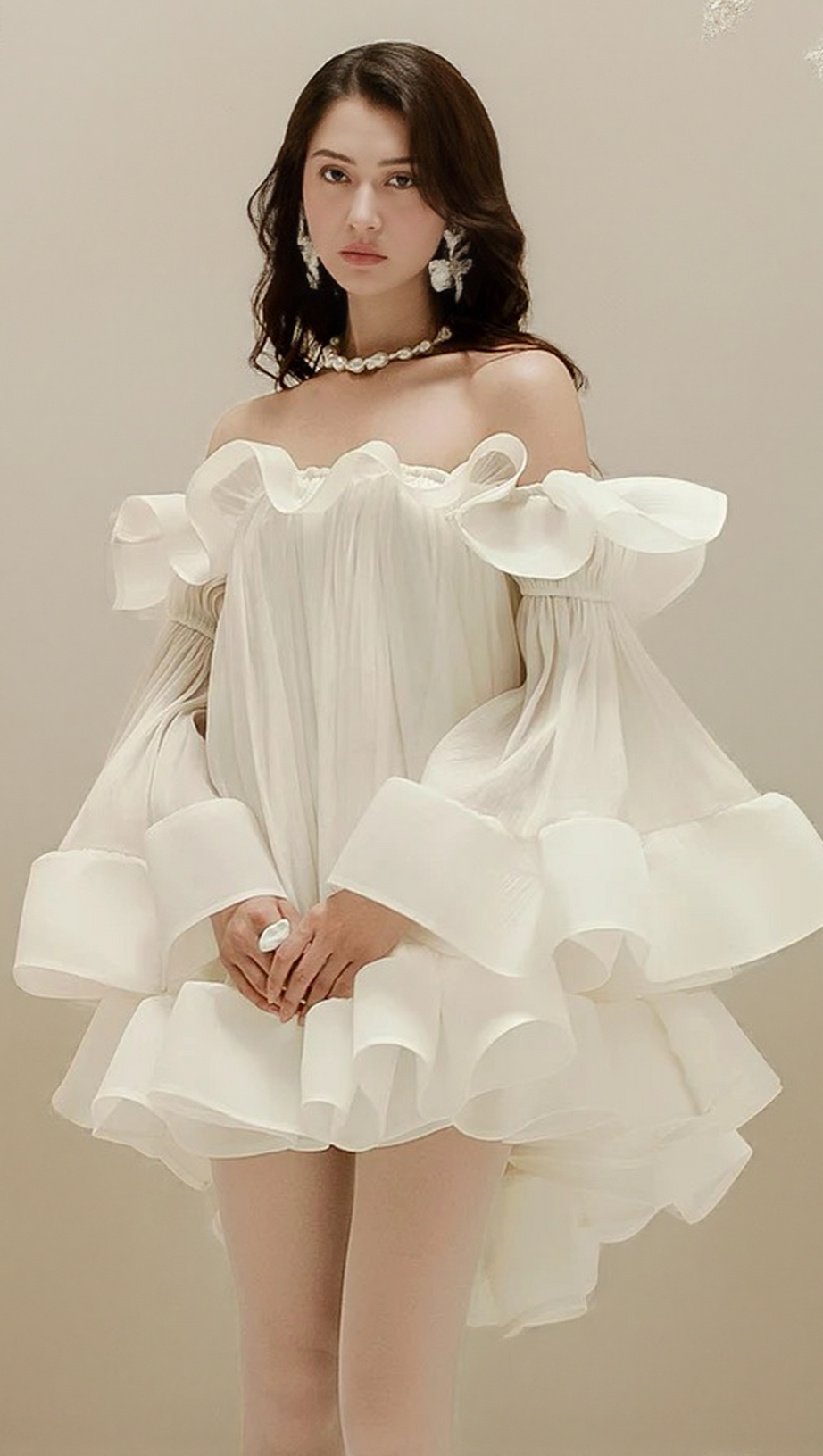 BERNICE RUFFLE LAYER CRINKLE CHIFFON MINI DRESS IN WHITE