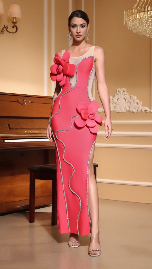 AIIZIE DIAMOND 3D FLOWER SEQUIN BANDAGE MAXI DRESS IN ROSE RED - product image