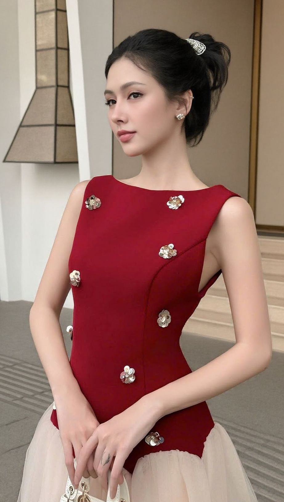 BERYL 3D FLOWER PATCHWORK TULLE MINI DRESS IN RED