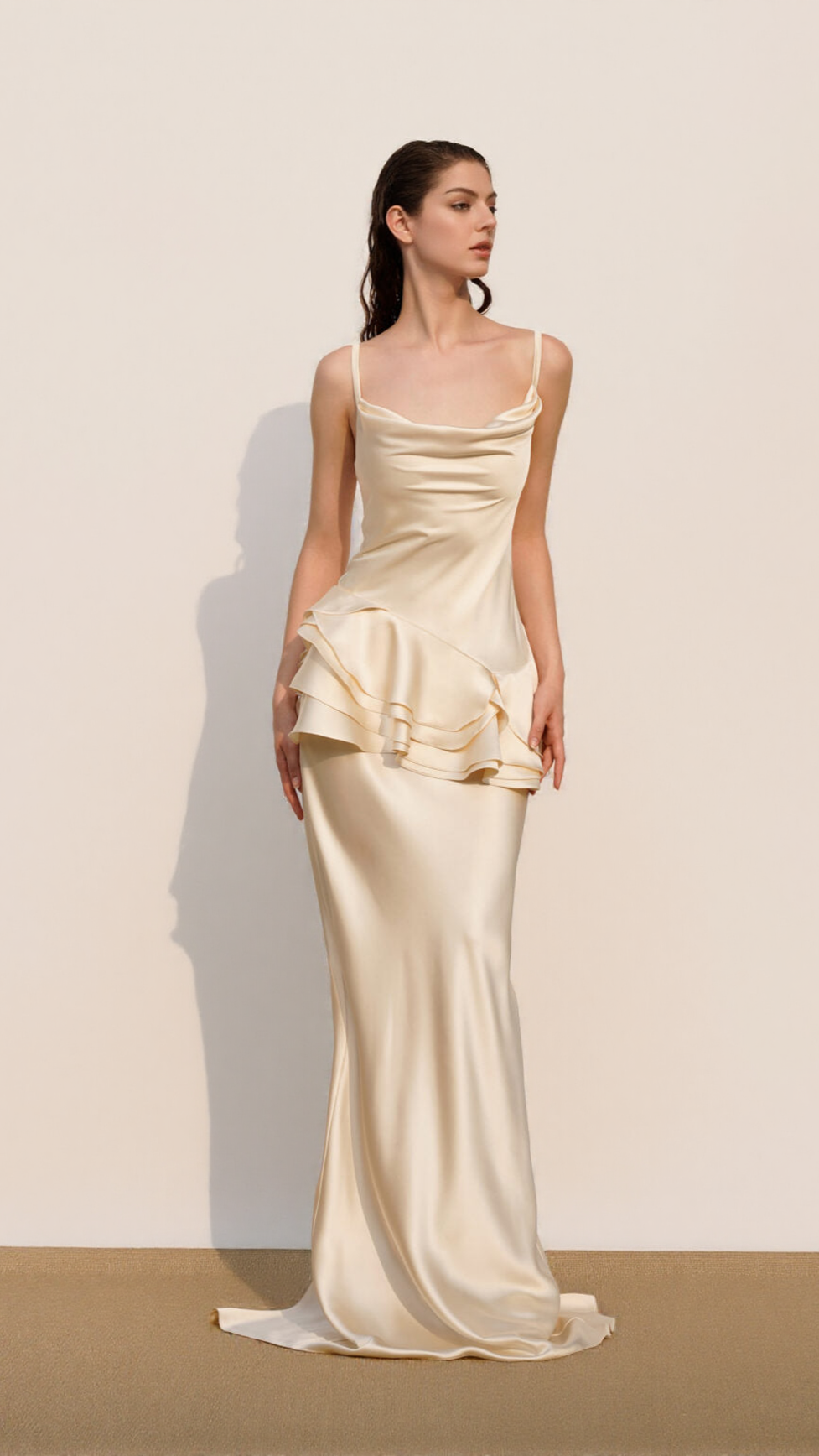 BEVERLY SPLICING RUFFLE SILK MAXI DRESS IN APRICOT