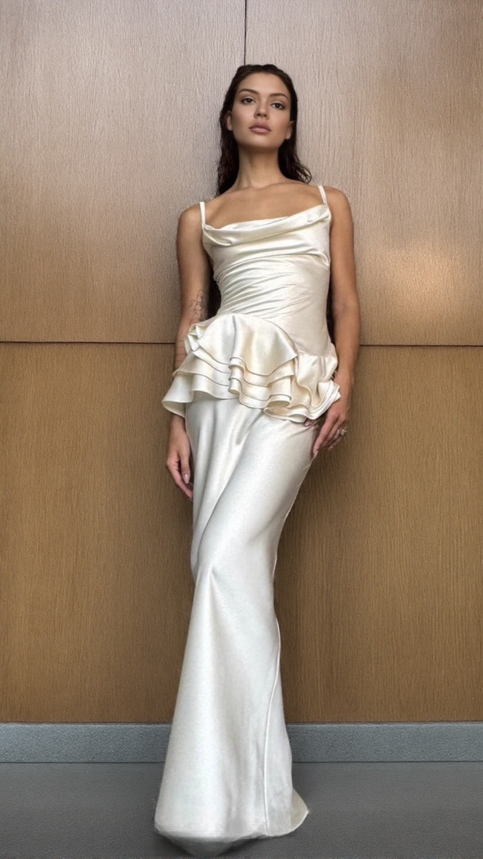 AIIZIE BEVERLY SPLICING RUFFLE SILK MAXI DRESS IN APRICOT - product image