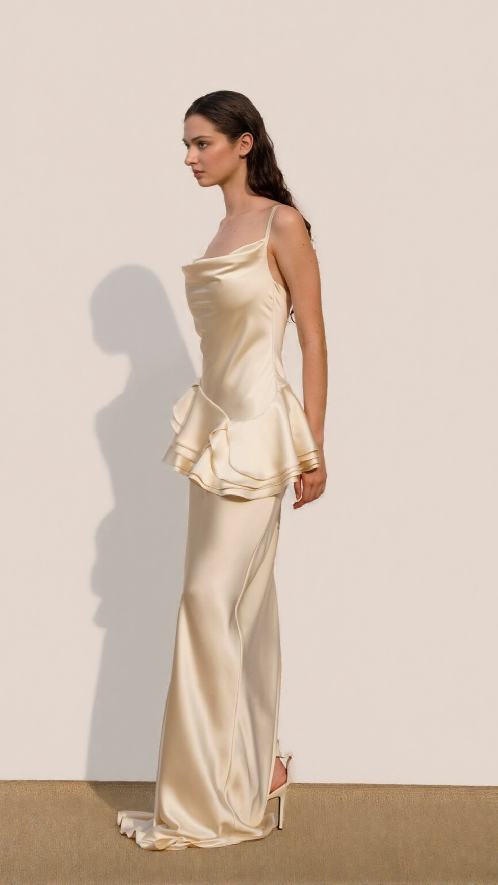 AIIZIE BEVERLY SPLICING RUFFLE SILK MAXI DRESS IN APRICOT - product image