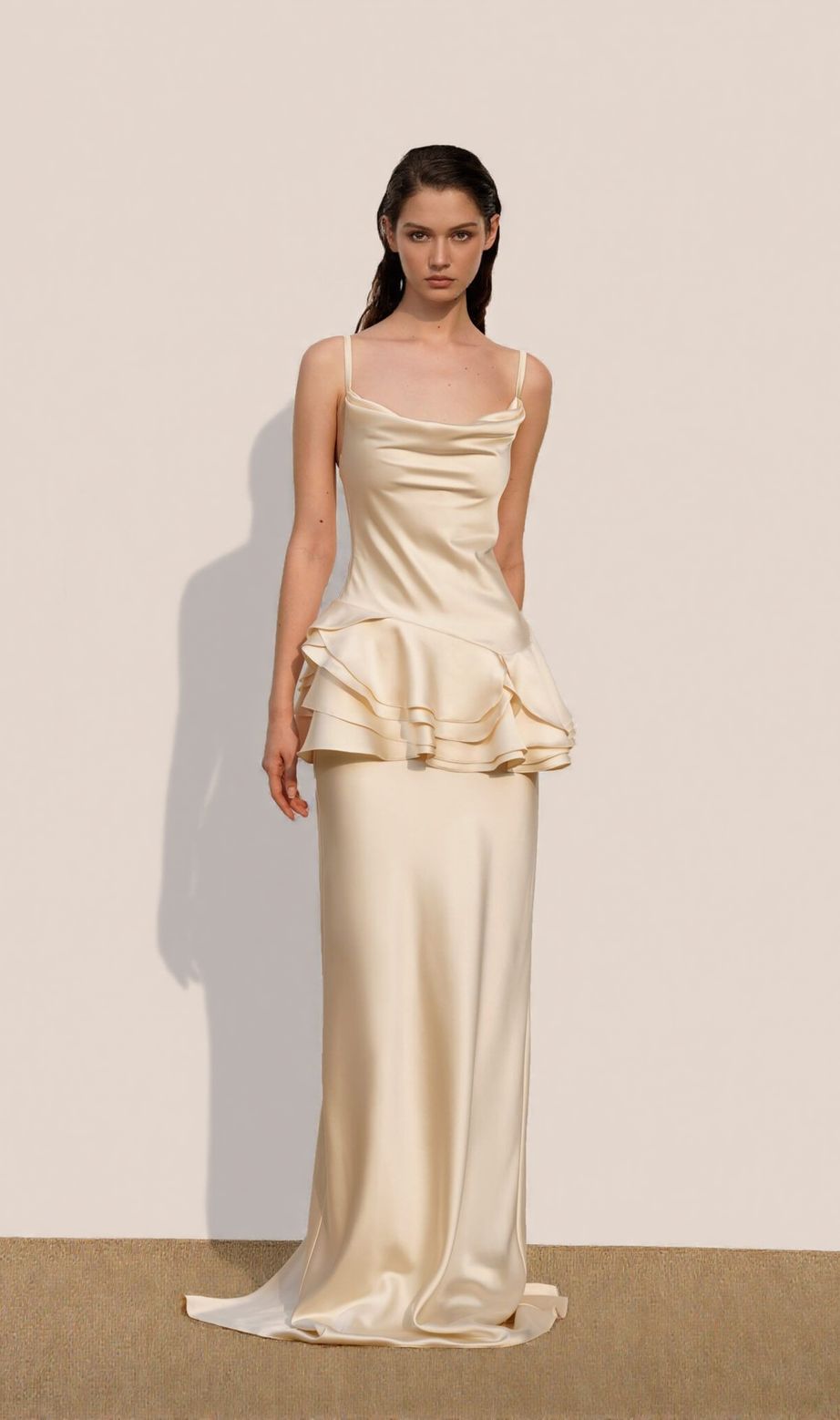 beverly Splicing ruffle silk maxi dress in apricot