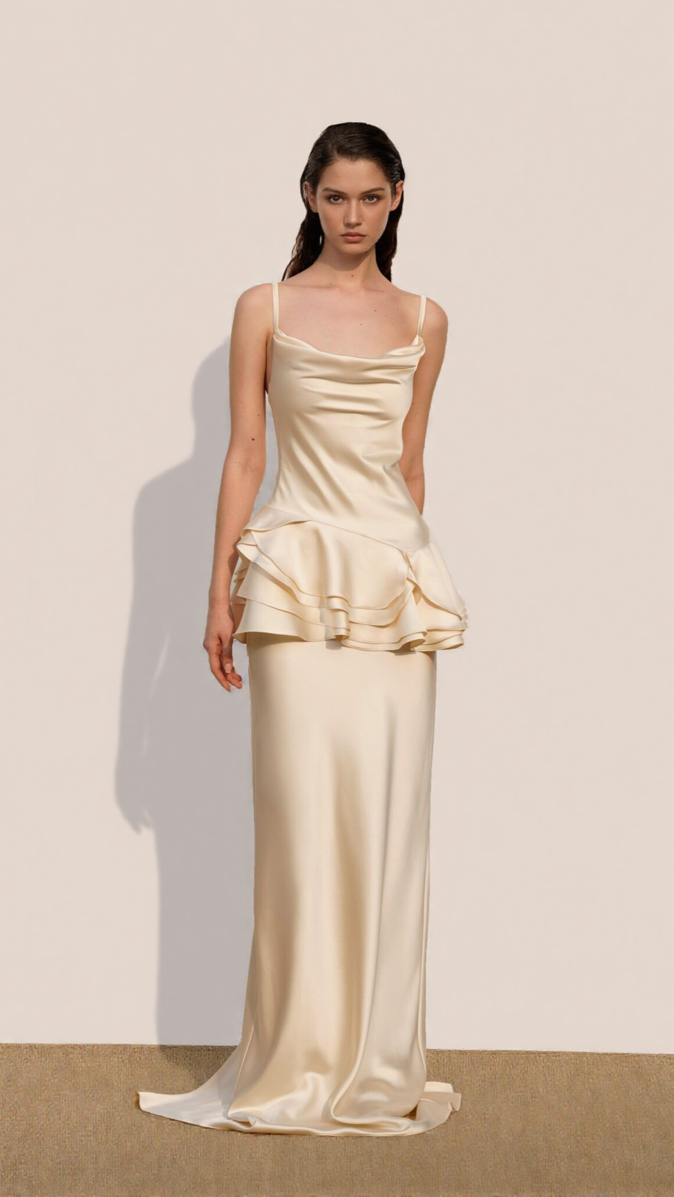 AIIZIE BEVERLY SPLICING RUFFLE SILK MAXI DRESS IN APRICOT - product image
