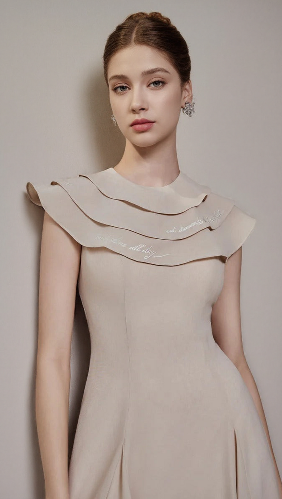 A-LINE JEWEL NECK VISCOSE ANKLE MAXI DRESS IN BEIGE