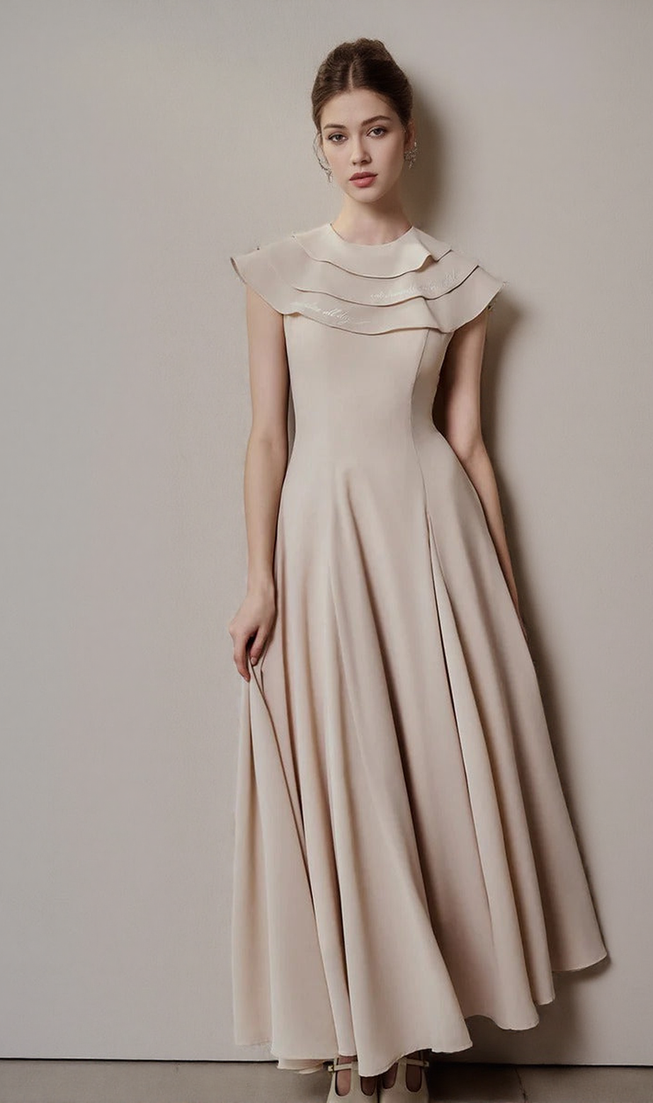 A-line Jewel Neck Viscose Ankle maxi Dress in beige