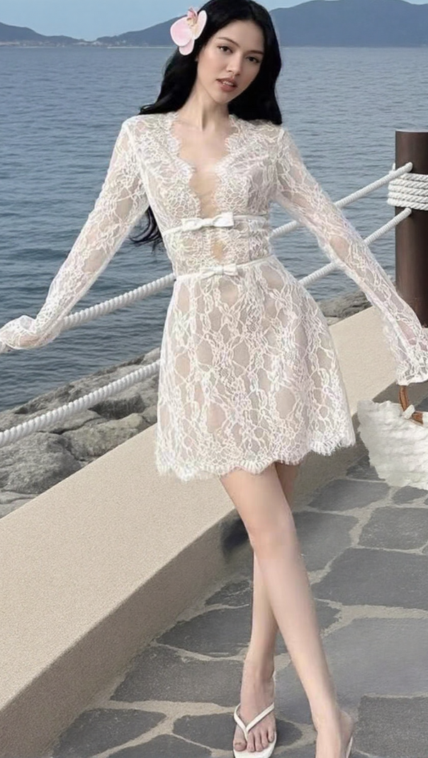 AIIZIE FLOWER LACE LONG SLEEVE MINI DRESS IN WHITE - product image