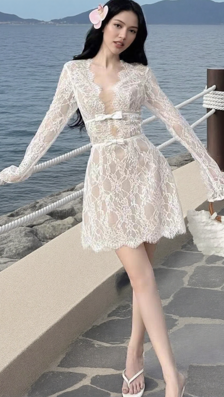 FLOWER LACE LONG SLEEVE MINI DRESS IN WHITE