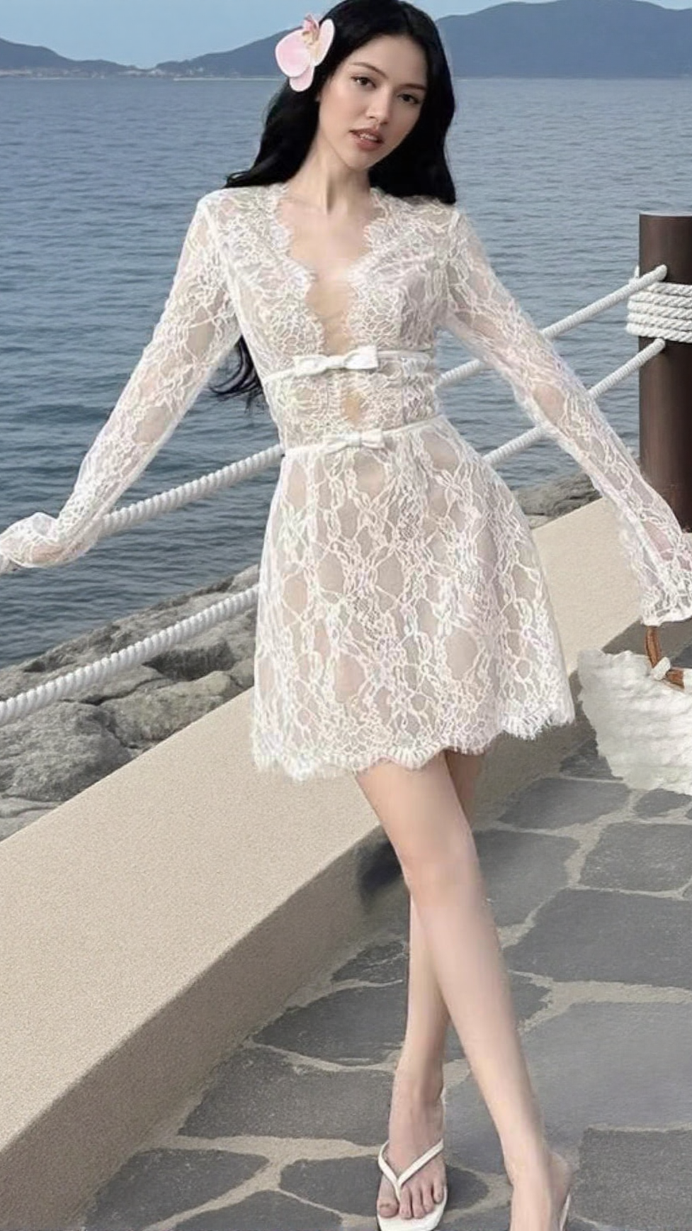 AIIZIE FLOWER LACE LONG SLEEVE MINI DRESS IN WHITE - product image