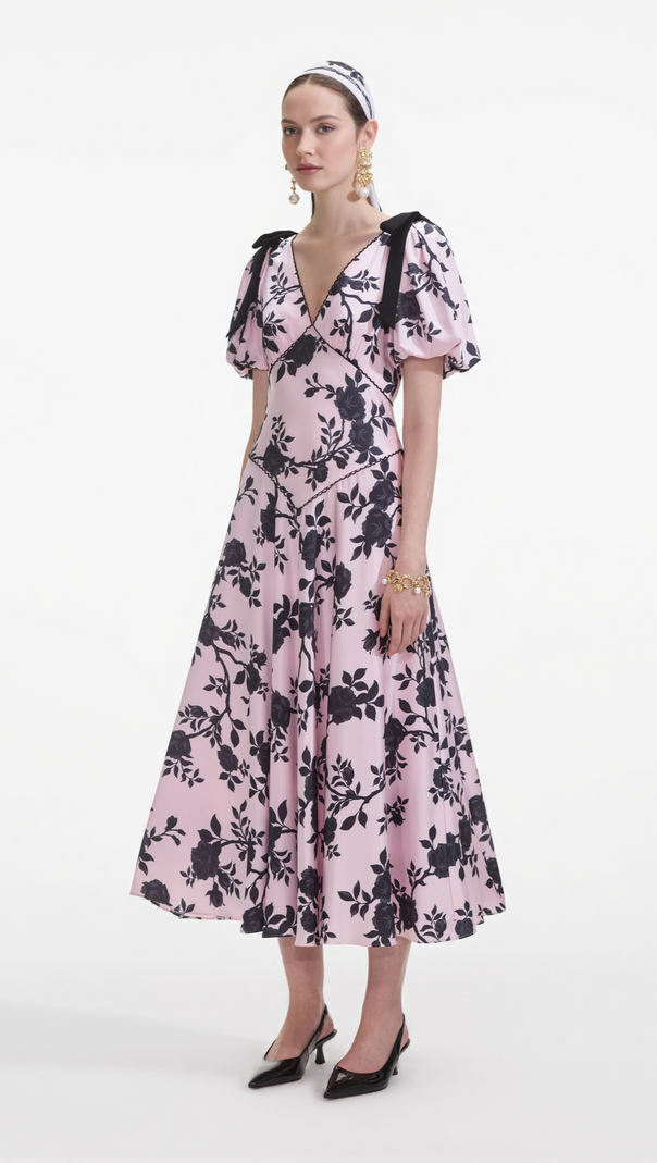 AIIZIE V-NECK SATIN FLORAL MIDI DRESS IN PINK - product image