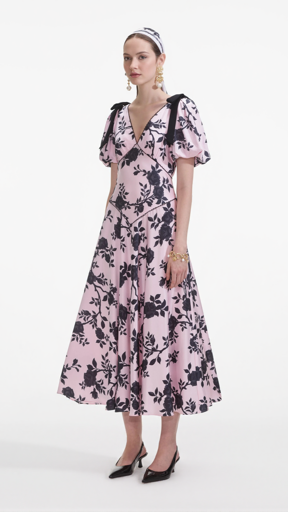 V-NECK SATIN FLORAL MIDI DRESS IN PINK