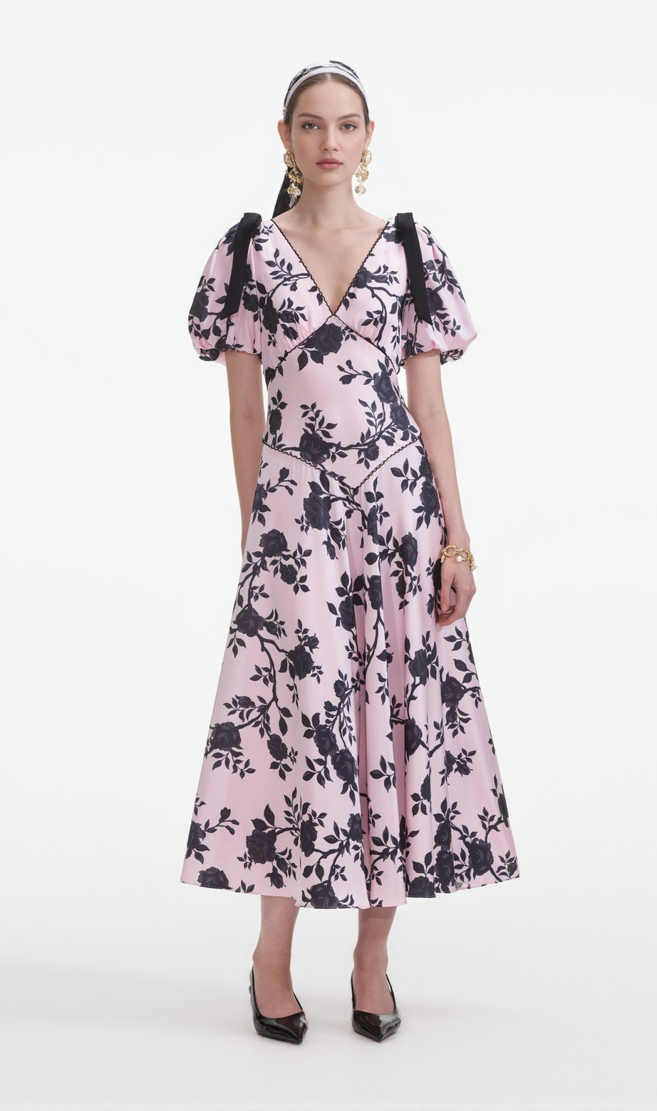 v-neck Satin Floral Midi Dress in pink