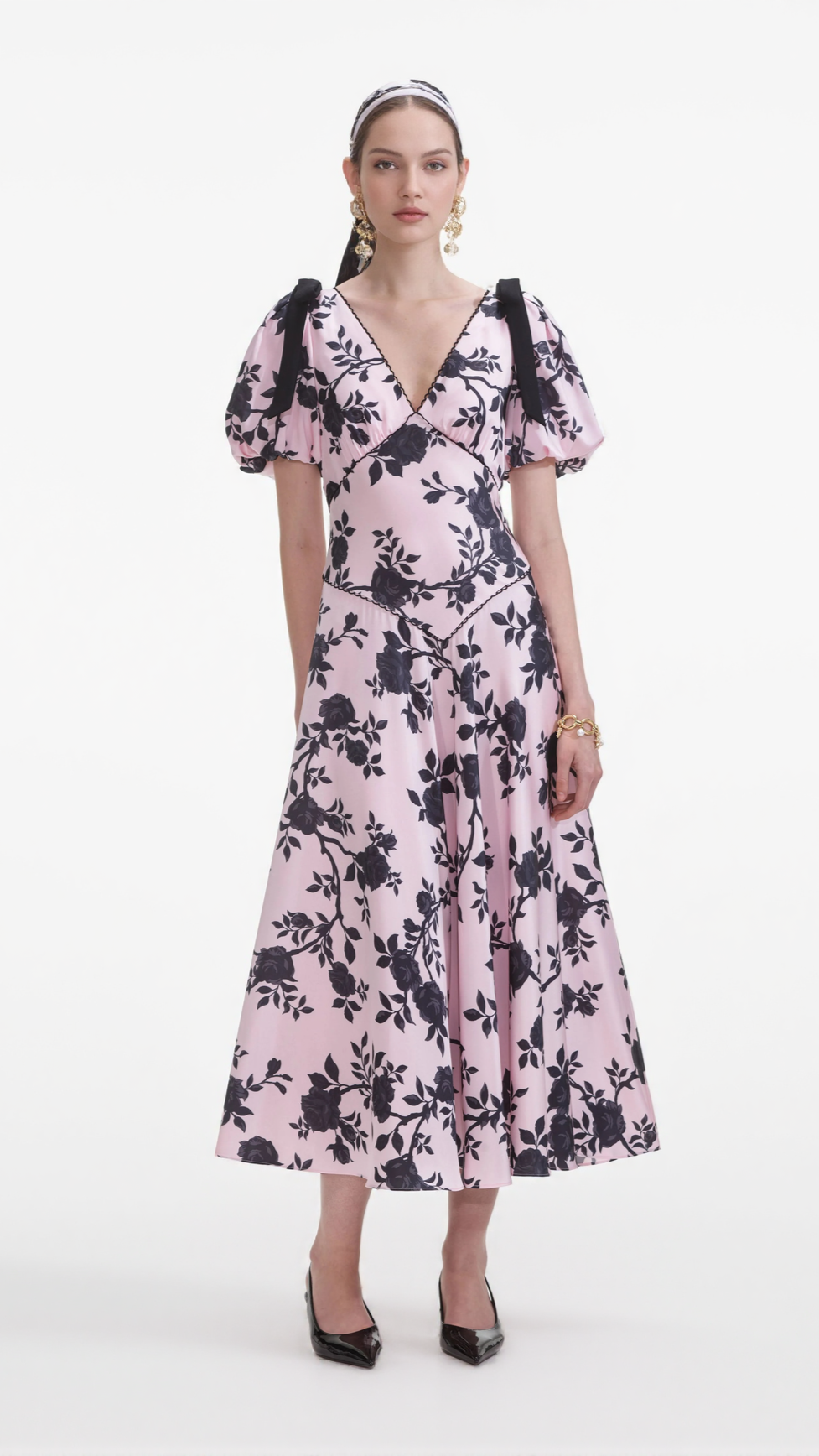 V-NECK SATIN FLORAL MIDI DRESS IN PINK