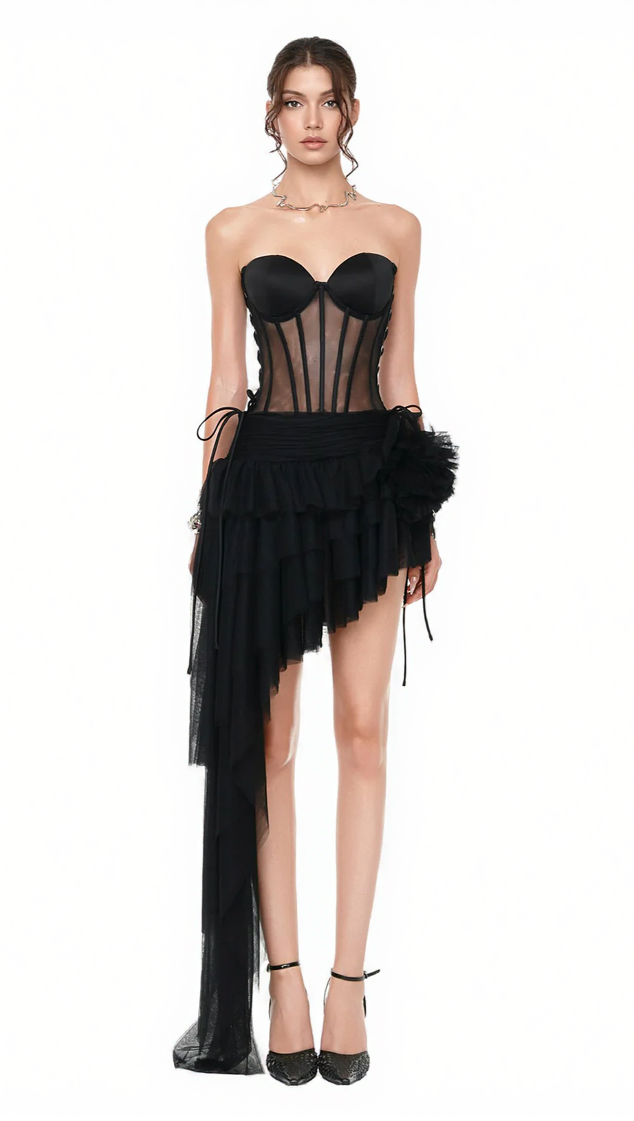 BLACK CORSET TOP & IRREGULAR MESH SKIRT TWO PIECES SET