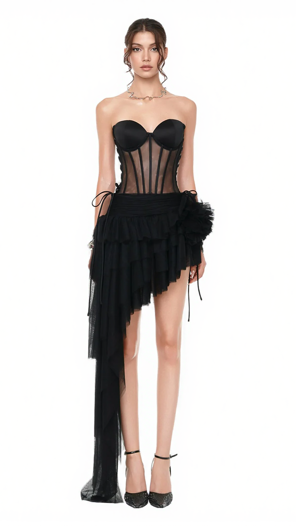 BLACK CORSET TOP & IRREGULAR MESH SKIRT TWO PIECES SET