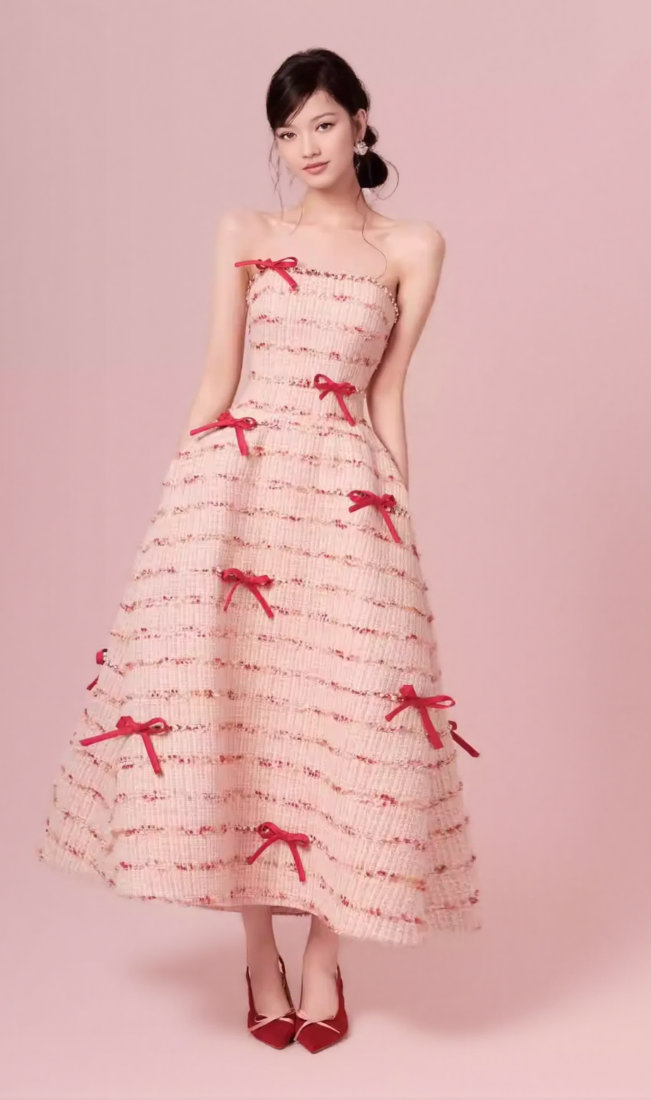 Strapless Bow Beaded Midi Dress In Pink